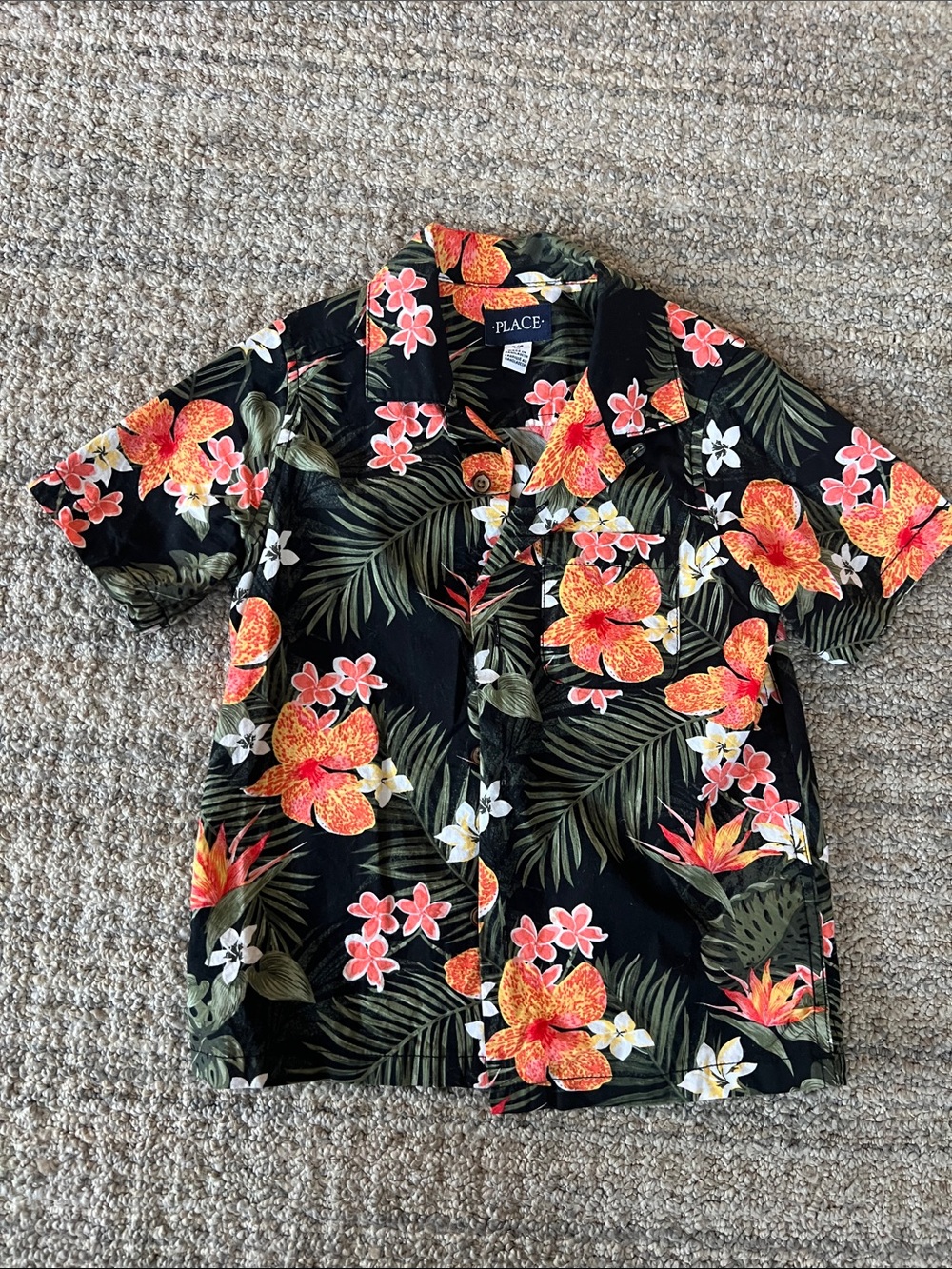 Boy's Black Tropical Floral Button-Up Shirt - Orange/Pink Flowers